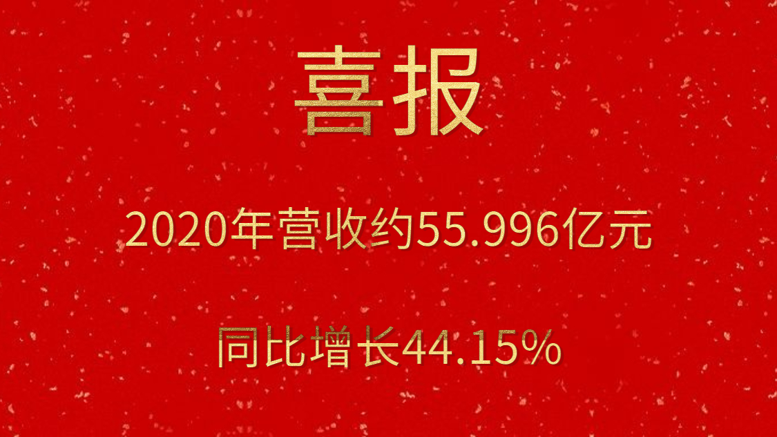 喜报！2020年营收约55.996亿元，，，，，同比增添44.15%